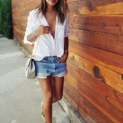 White Long-sleeve Casual Shirt With Pocket