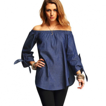 Blue Off-the-shoulder Top Featuring Long Sleeved..