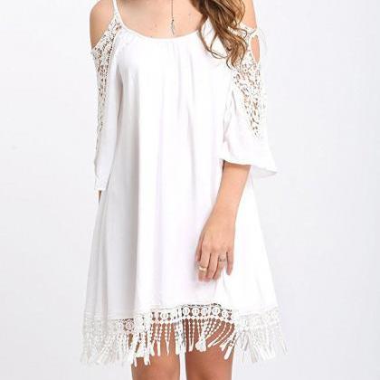 White Cold Shoulder Lace Chiffon Shift Dress With..