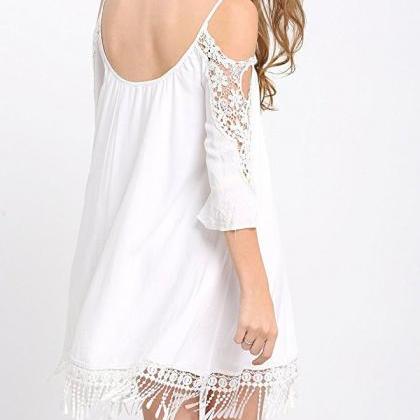 White Cold Shoulder Lace Chiffon Shift Dress With..