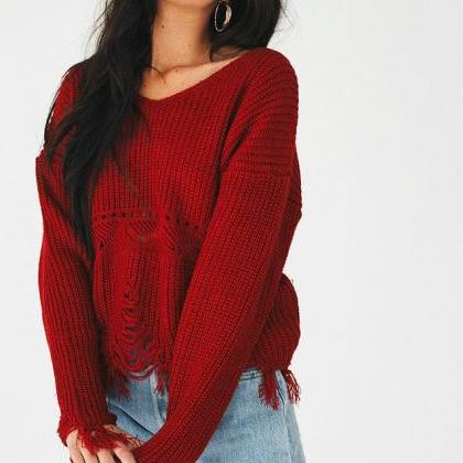 Loose V-neck Long-sleeved Knitted Sweater