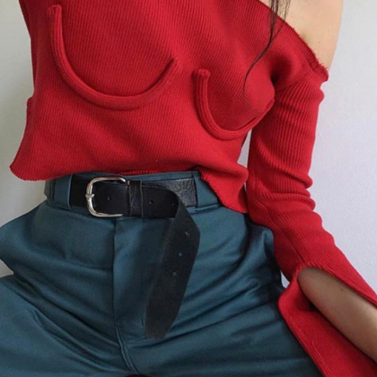 Fashion Sexy Off Shoulder Long Sleeve Pure Color..