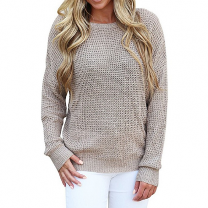 Knitted Crew Neck Long Cuffed Sleeves Sweater..