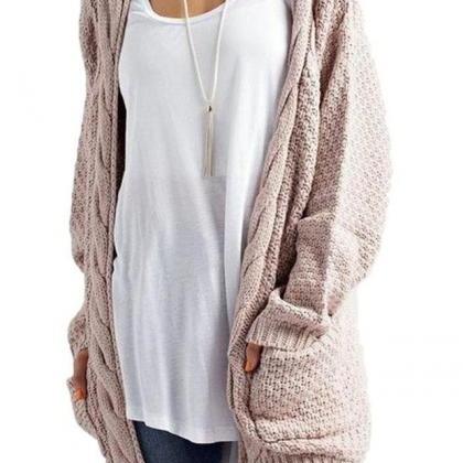 Casual Long Sleeve Cable Knitted Long Sweater Open..