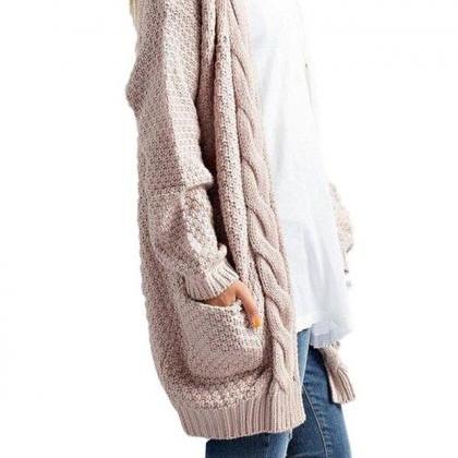 Casual Long Sleeve Cable Knitted Long Sweater Open..