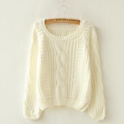White Cable Knit Scoop Neck Long Cuffed Sleeves..
