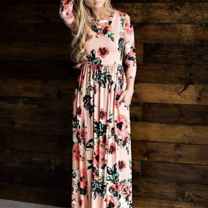 Round Neck Long Sleeve Floral Super Long Maxi..