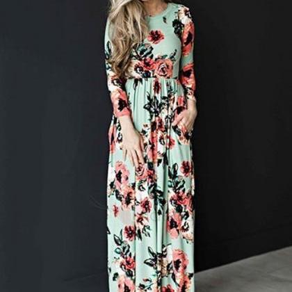 Round Neck Long Sleeve Floral Super Long Maxi..