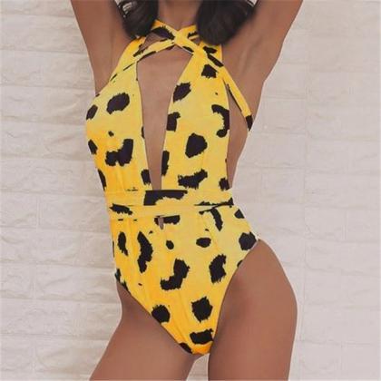 Slim One-piece Summer Ladies Sexy Leopard V-neck..