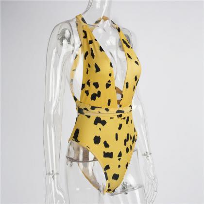 Slim One-piece Summer Ladies Sexy Leopard V-neck..