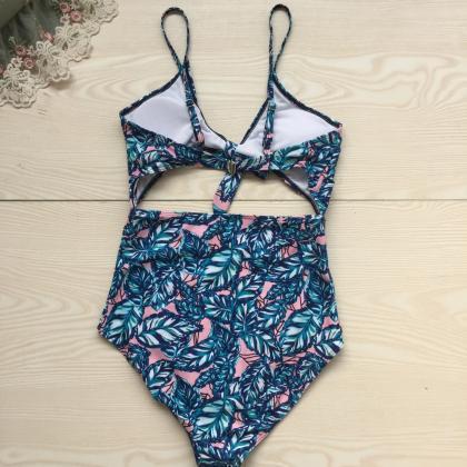 2018 Printed Stitching Chest Knot Swimsuit