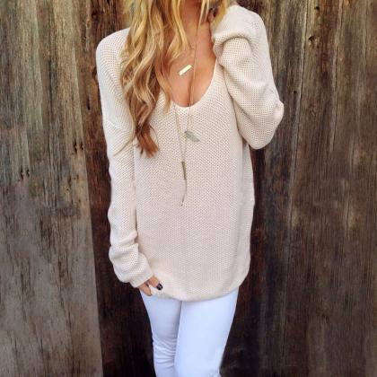 Round Neck Long Sleeve Solid Color Knit Sweater