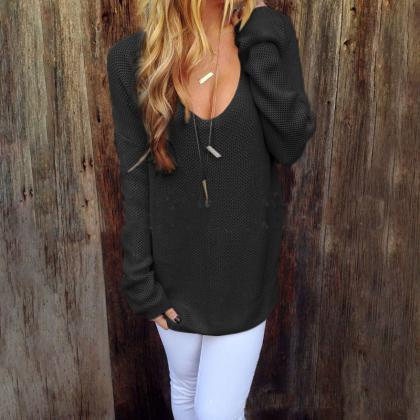 Round Neck Long Sleeve Solid Color Knit Sweater