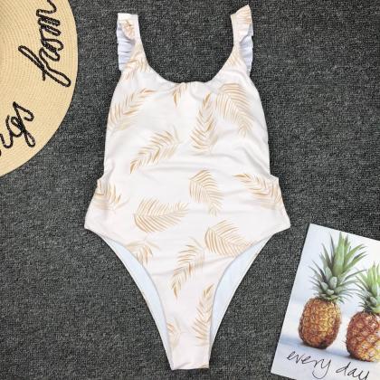 Ruffled Sexy Leaf Print One-piece Swimsuit