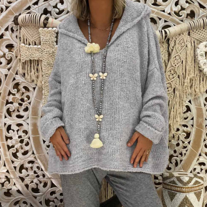 Loose Design Solid Color Sexy Hooded Sweater Top