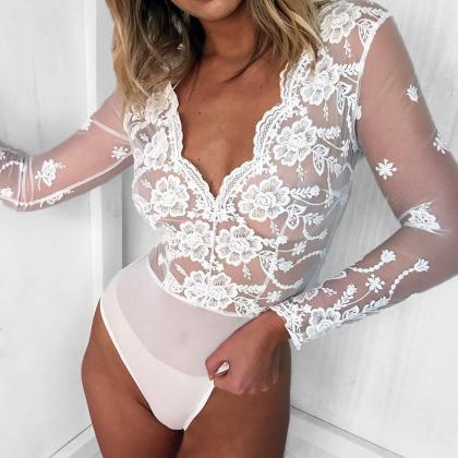 Deep V-neck Embroidered Lace Panel Long Sleeve..