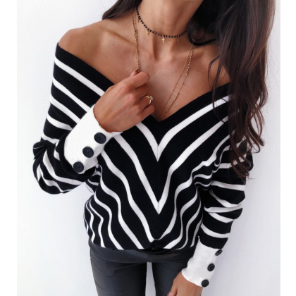 Striped V-neck Strapless Long Sleeve Sweater