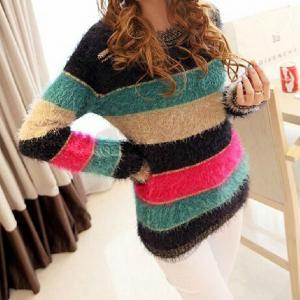 Loose Long-sleeved Striped Knit Sweater Jacket..