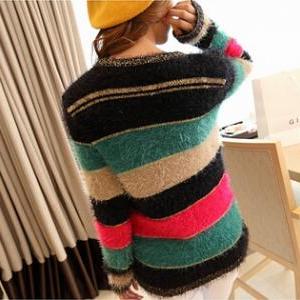 Loose Long-sleeved Striped Knit Sweater Jacket..