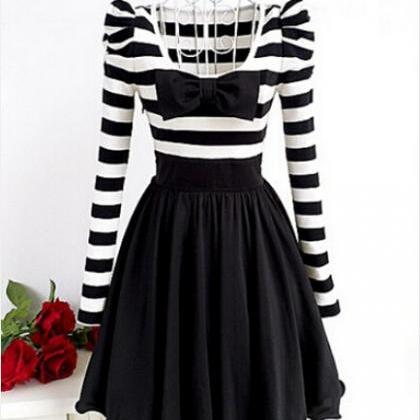 Long-sleeve Striped Chiffon Bow Dress Gh111801mh