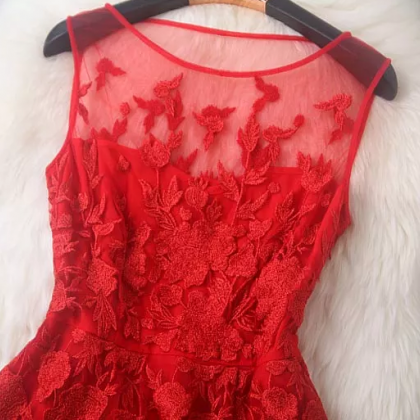 Luxury Designer Embroidery Sleeveless Dress - Red..