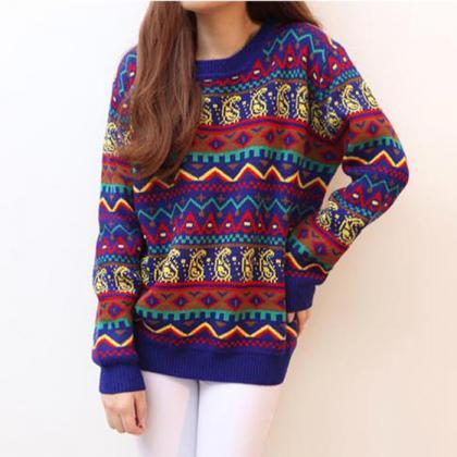 Colorful Geometric Pattern Pullover Sweater..