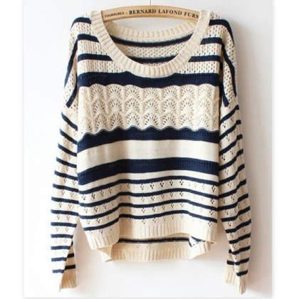 Beige Loose Stripe Sweater Tyr83002r