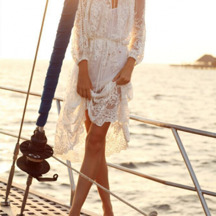 Fashion Printing White Lace Flounced Dress Hgh202