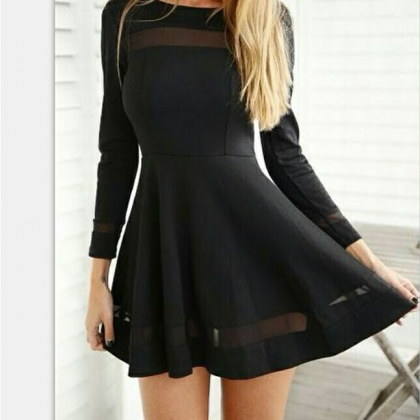 Slim Round Neck Long-sleeved Black Dress