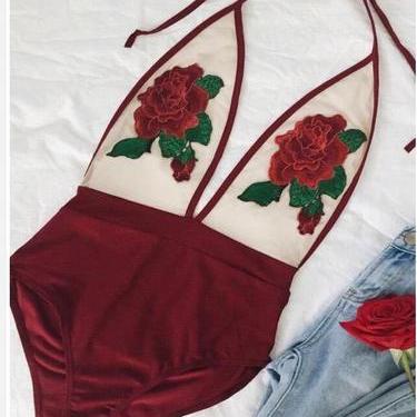 Fashion Hanging Neck Embroidered Swimsuit 22302