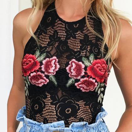 Black Lace Bodysuit Featuring Floral Embroidery