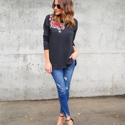 Floral Embroidered Long Sleeved Top Featuring Crew..