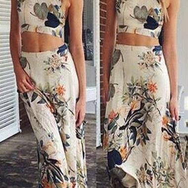 Cross Back Printed Two Piece Maxi Dress