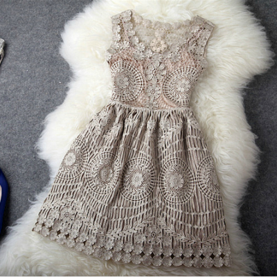 Vintage Gold Thread Hollow Out Embroidery Slim Dress #GH111308KJ