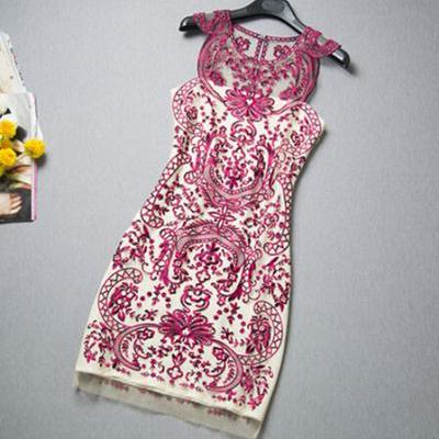 Celebrity Contrast Color Flowers Embroidery Sheer Tunic Tank Dress GH10101KU
