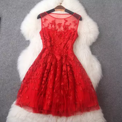 Luxury Designer Embroidery Sleeveless Dress - Red ERT08
