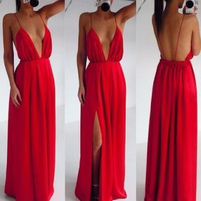 Sexy Deep V Neck Spaghetti Strap Sleeveless Backless Front Split Red Polyester A Line Floor Length Party Dress