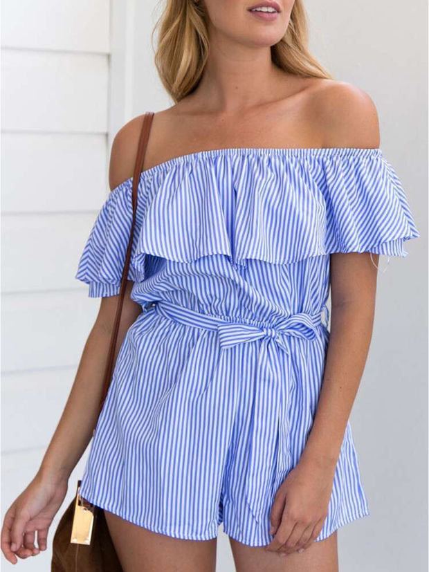 Blue White Striped Off-the-shoulder Ruffled Romper Featuring Bow Accent Waist