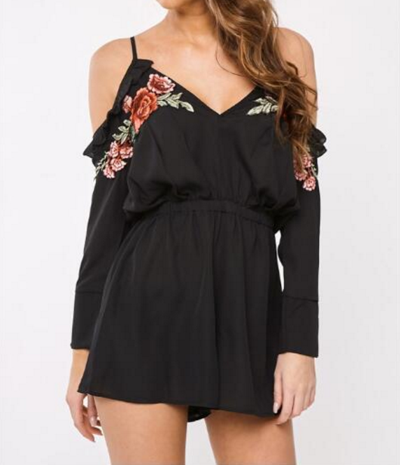 Black Floral Embroidered Plunge V Cold Shoulder Long Sleeved Romper Featuring Ruffle Details And Tie Accent Open Back