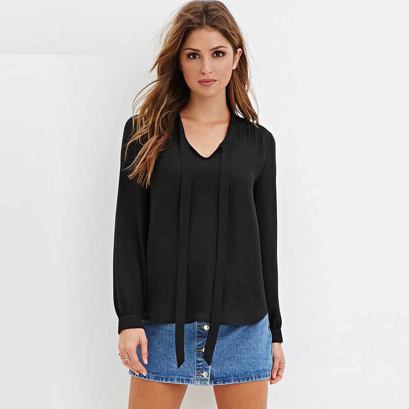 Chiffon Long Cuff-sleeved Blouse Featuring Bow Accent
