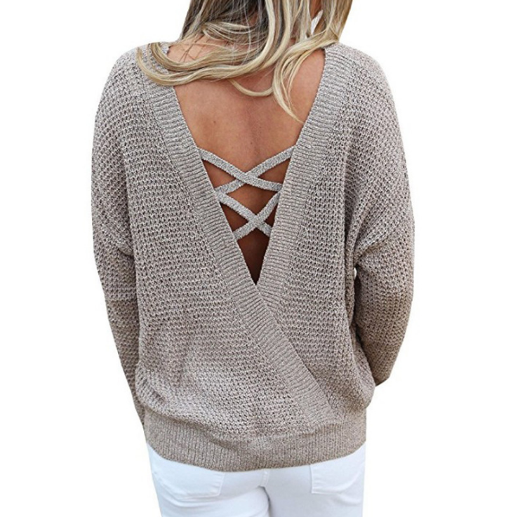 Knitted Crew Neck Long Cuffed Sleeves Sweater Featuring Lace-up Plunge V Back