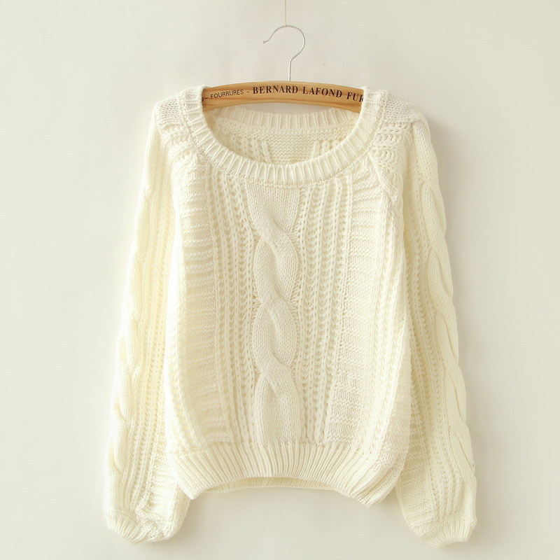 White Cable Knit Scoop Neck Long Cuffed Sleeves Sweater