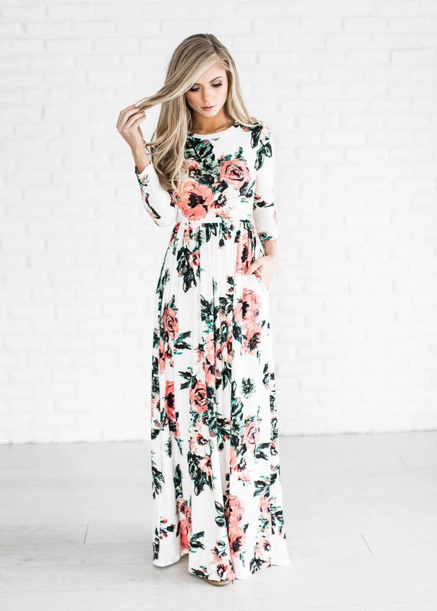Round Neck Long Sleeve Floral Super Long Maxi Dress