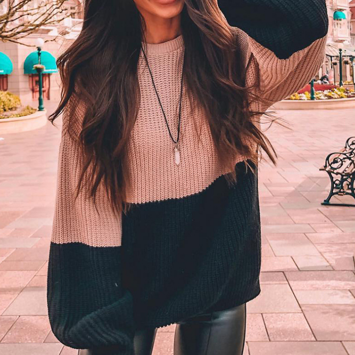 Long Sleeve Round Neck Women's Striped Knit Sweater