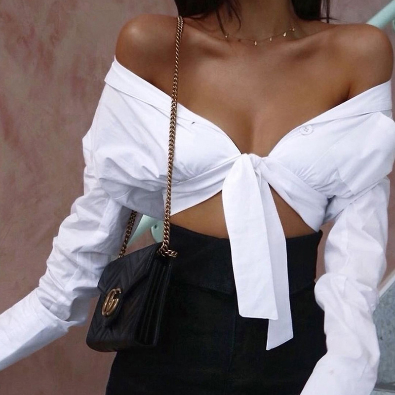 Long Sleeves Off The Shoulder T-shirt Crop Top Blouse With Front Bow