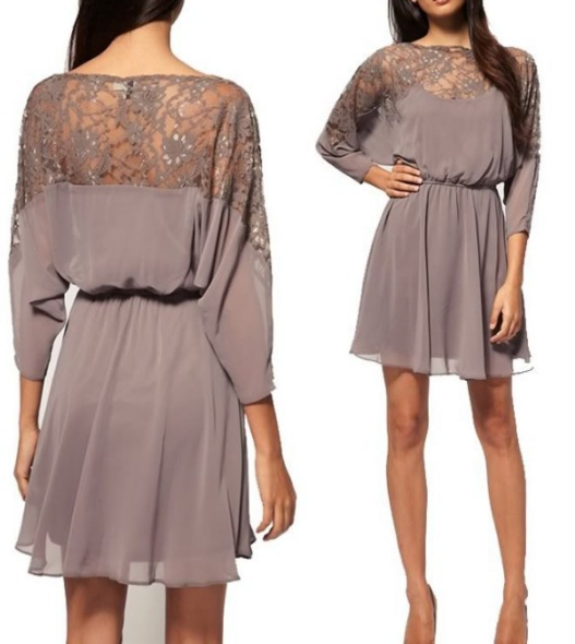 Sheer Lace Chiffon Short Dress With Batwing Sleeves