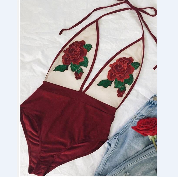 Fashion Hanging Neck Embroidered Swimsuit 22302