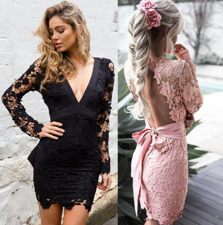 Dropship Women Fashion Hollow Lace Backless Dress Sexy Deep V-neck Party  Dresses Halter Dress Spring Summer Lace Dress Package Hip Dress Sweety Tops  to Sell Online at a Lower Price