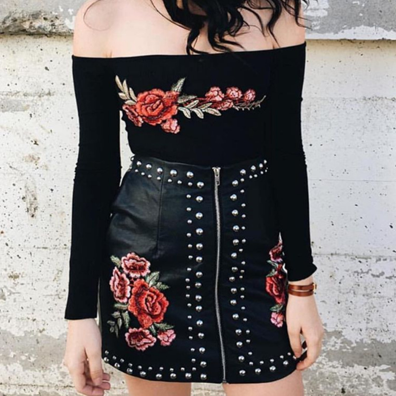 Black Floral Embroidered Off-the-shoulder Long Sleeved Top