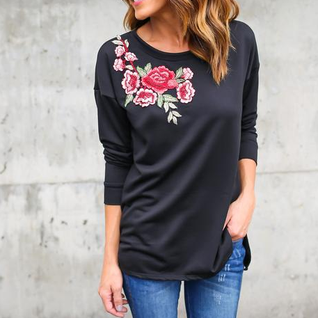 Floral Embroidered Long Sleeved Top Featuring Crew Neck